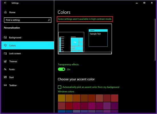 Một số cài đặt không khả dụng trong lỗi chế độ Tương phản cao trong Windows 11/10 
