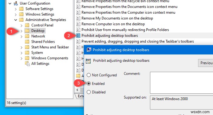 Ngăn người dùng thêm, xóa và điều chỉnh Thanh công cụ trên Thanh tác vụ của Windows 