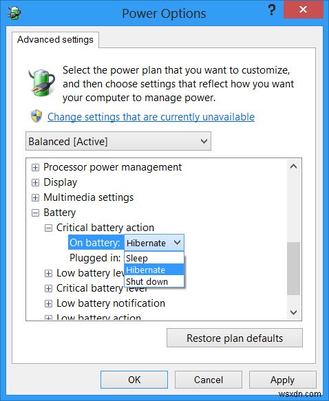 Thay đổi hành động mức pin nghiêm trọng và hành động mức pin thấp trong Windows 11/10 