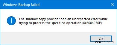 Nhà cung cấp bản sao bóng đã gặp lỗi không mong muốn (0x8004230F) 