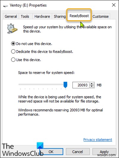Cách thêm hoặc xóa tab ReadyBoost trong Thuộc tính Drive trong Windows 10 