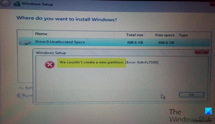 Chúng tôi không thể tạo lỗi phân vùng mới trong quá trình Thiết lập Windows 