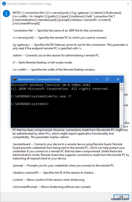 Tham số dòng lệnh cho kết nối máy tính từ xa trong Windows 10 
