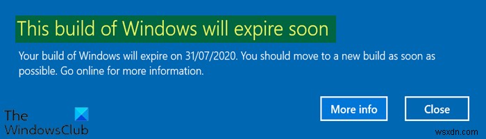 Bản dựng Windows này sẽ sớm hết hạn - Lỗi bản dựng nội bộ 