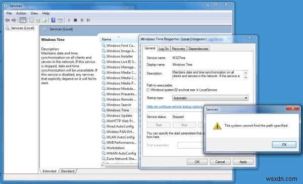 Windows Time Service không hoạt động. Đồng bộ hóa thời gian không thành công với lỗi 