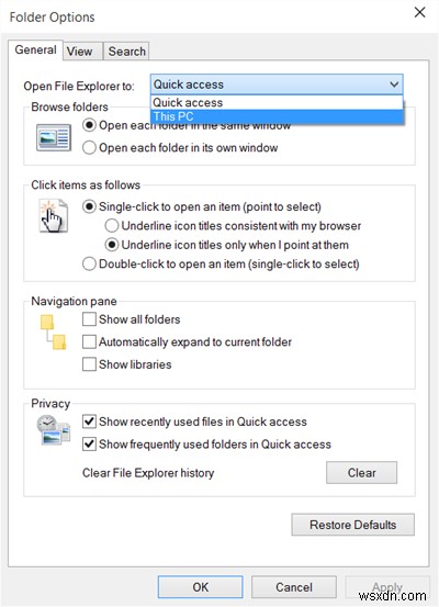 Đặt File Explorer mở PC này thay vì Truy cập nhanh trong Windows 11/10 