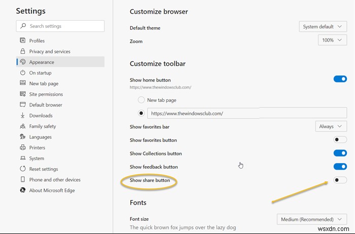 Cách hiển thị hoặc ẩn nút Chia sẻ trong trình duyệt Microsoft Edge 