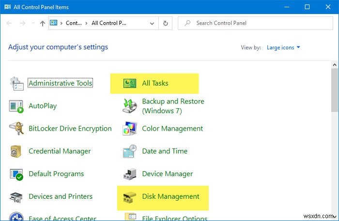 Cách thêm Tất cả công việc và Quản lý đĩa vào Control Panel trong Windows 11/10 