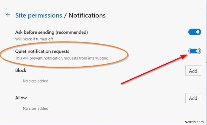 Cách bật Yêu cầu thông báo yên lặng trong trình duyệt Microsoft Edge 