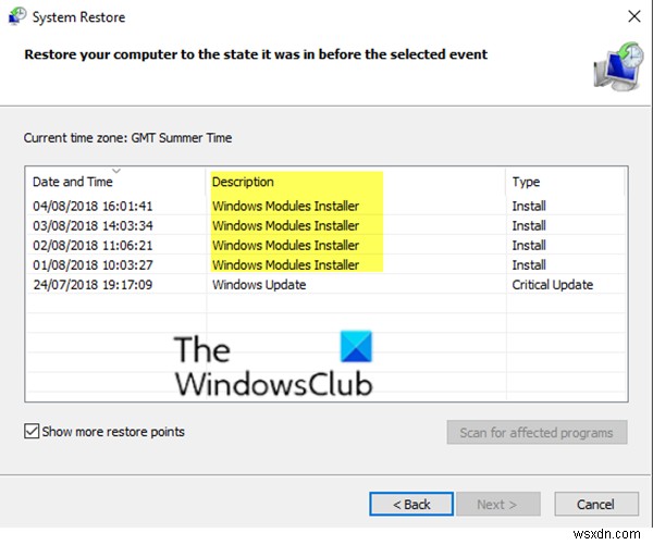 Windows Modules Installer liệt kê Điểm khôi phục hệ thống không thành công trong Windows 11/10 