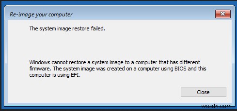 Windows không thể khôi phục hình ảnh hệ thống cho một máy tính có chương trình cơ sở khác 