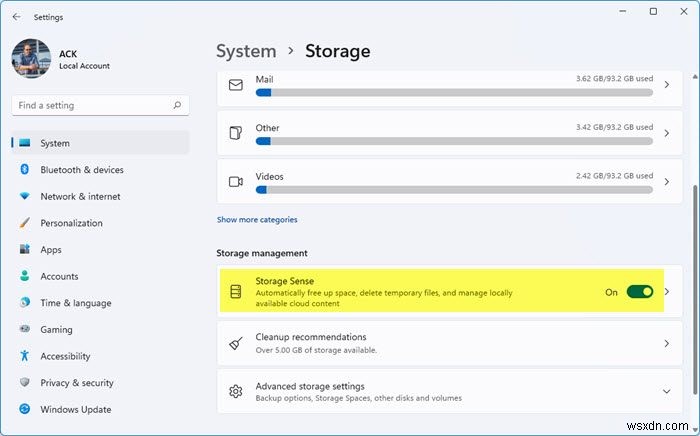 Tự động xóa các tệp rác bằng Storage Sense trong Windows 11/10 