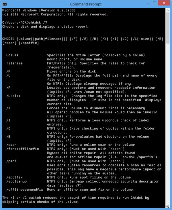 Tùy chọn Dòng lệnh ChkDsk, Công tắc, Tham số trong Windows 11/10 