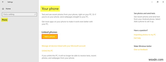 Cách thêm Điện thoại qua Cài đặt Điện thoại Windows 10 