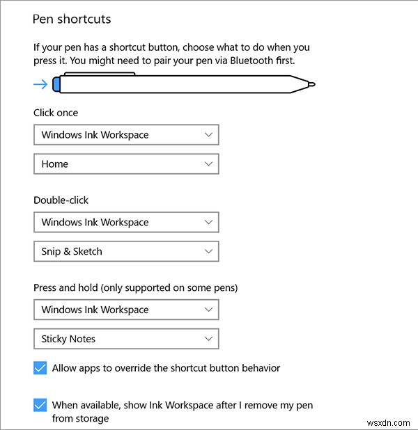 Định cấu hình cài đặt không gian làm việc Pen và Windows Ink trong Windows 10 