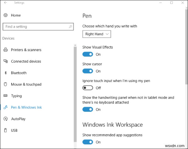 Định cấu hình cài đặt không gian làm việc Pen và Windows Ink trong Windows 10 