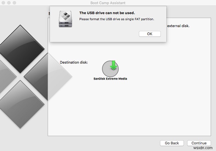 Vui lòng định dạng ổ USB dưới dạng phân vùng FAT duy nhất:Boot Camp Assistant 