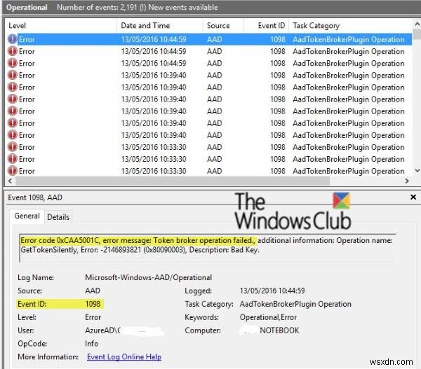 ID sự kiện 1098:Lỗi 0xCAA5001C, hoạt động môi giới mã thông báo không thành công trong Windows 10 