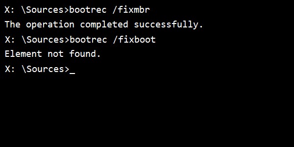 Khắc phục lỗi không tìm thấy phần tử cho Bootrec / Fixboot trên Windows 11/0 
