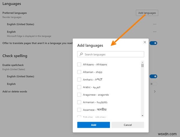 Tắt hoặc bật tính năng dịch ngôn ngữ trang web; Thêm hoặc thay đổi ngôn ngữ hiển thị trong Microsoft Edge 