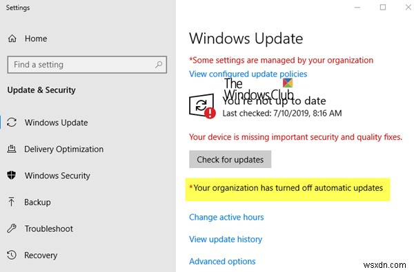 Tổ chức của bạn đã tắt cập nhật tự động trong Windows 11/10 