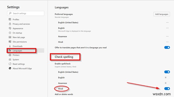 Bật hoặc tắt tính năng Kiểm tra chính tả trong trình duyệt Edge cho một ngôn ngữ cụ thể 