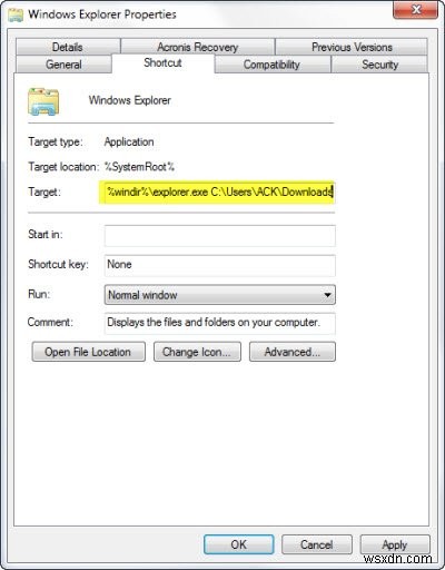 Đặt lối tắt Thanh tác vụ Explorer mở thư mục yêu thích của bạn trong Windows 10 