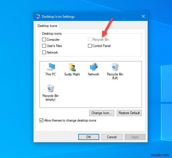 Thùng rác chuyển sang màu xám trong Cài đặt biểu tượng màn hình trên Windows 10 