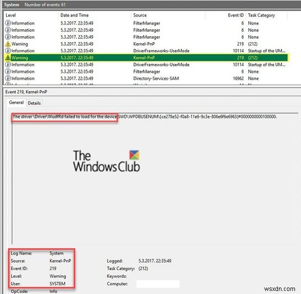 Lỗi ID sự kiện 219 khi thiết bị được cắm; Trình điều khiển WUDFRD không tải được 