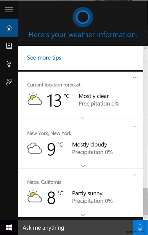 Đặt Cortana hiển thị Thông tin thời tiết cho nhiều vị trí 