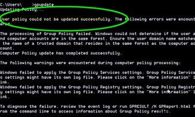 Không thể cập nhật chính sách máy tính thành công, Quá trình xử lý chính sách nhóm không thành công 
