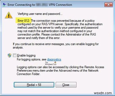 Lỗi VPN 812, Kết nối bị chặn do chính sách được định cấu hình trên máy chủ RAS / VPN 