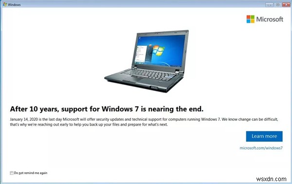 Cách tắt hoặc tắt Thông báo kết thúc hỗ trợ của Windows 7 