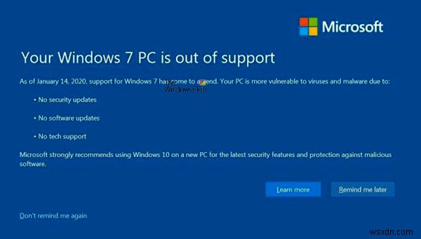 Cách tắt hoặc tắt Thông báo kết thúc hỗ trợ của Windows 7 