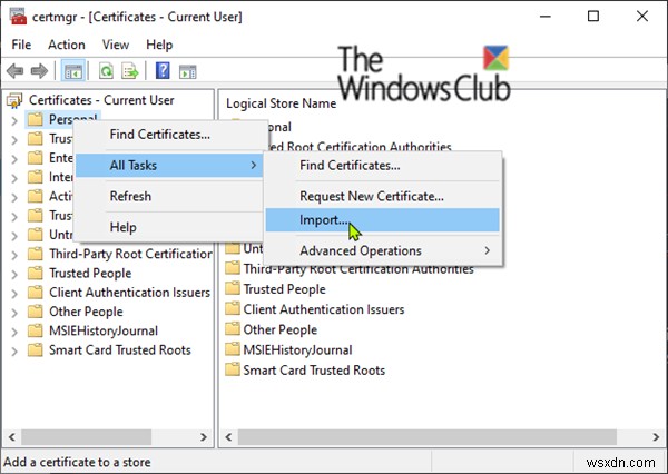 Nhập chứng chỉ và khóa mã hóa tệp EFS (tệp PFX) trong Windows 10 