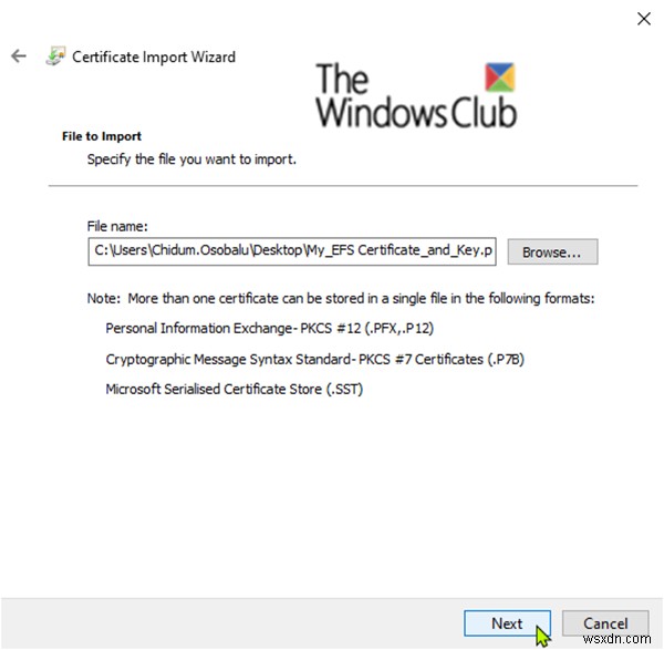 Nhập chứng chỉ và khóa mã hóa tệp EFS (tệp PFX) trong Windows 10 