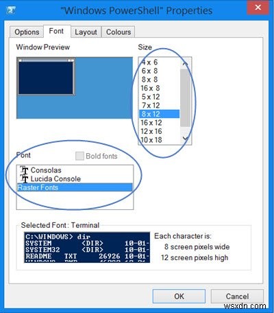 Phông chữ và cửa sổ Windows PowerShell quá nhỏ 