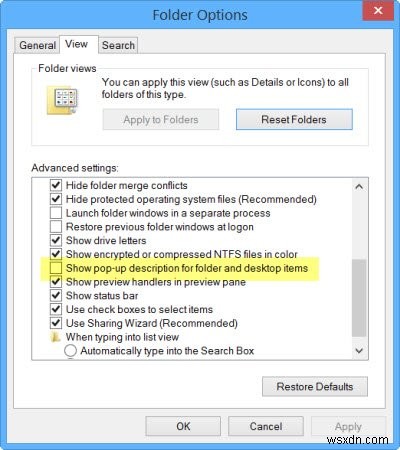 Tắt mô tả cửa sổ bật lên cho các mục thư mục và màn hình trong Windows 10 