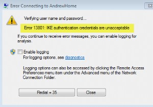 Lỗi 13801, thông tin xác thực IKE không được chấp nhận 