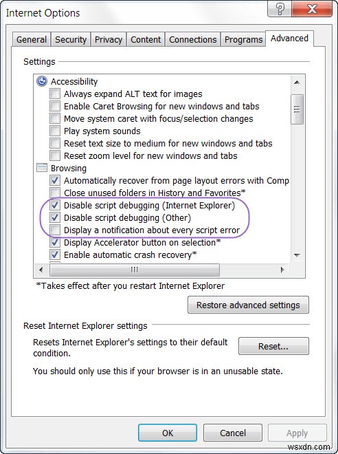 Tắt thông báo lỗi tập lệnh &lỗi thời gian chạy trong máy tính Windows 