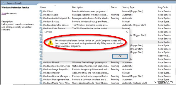 Dịch vụ kiểm tra mạng chống vi-rút của Bộ bảo vệ Windows đã khởi động và sau đó dừng lại 