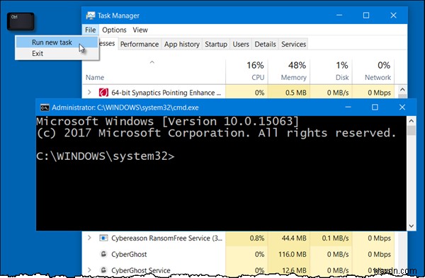 Cách mở Command Prompt từ Task Manager bằng phím CTRL 