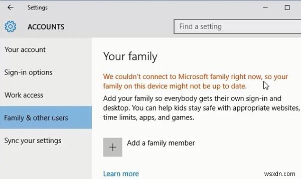 Chúng tôi không thể kết nối với gia đình Microsoft ngay bây giờ 