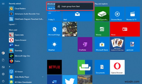 Cách bỏ ghim một nhóm Ô hoặc Thư mục khỏi Start Menu của Windows 10 