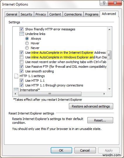 Bật, Tắt Tự động Hoàn thành &Tự động Hoàn thành Nội tuyến trong Explorer, Run &IE trên Windows 10 