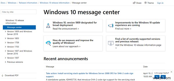 Thông tin chi tiết về bản phát hành Windows 10, các phiên bản, các sự cố đã biết và đã giải quyết, v.v. 
