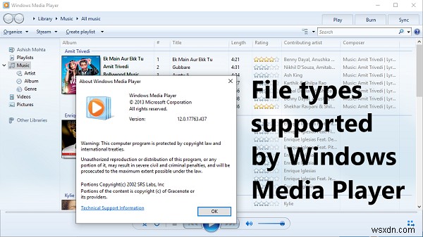 Các loại tệp được Windows Media Player hỗ trợ 