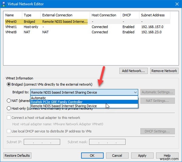 Mạng VMware Bridged không hoạt động hoặc không phát hiện được trong Windows 10 