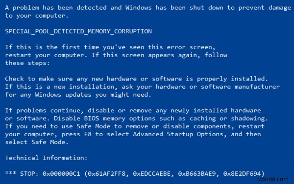 POOL ĐẶC BIỆT PHÁT HIỆN LỖI BỘ NHỚ ĐÃ PHÁT HIỆN Mã dừng trên Windows 10 