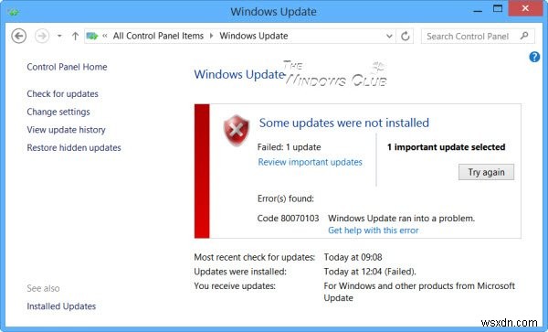 Mã lỗi 80070103, Windows Update gặp sự cố 